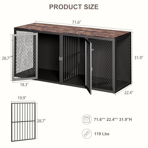71 Inch Dog Crate Furniture for 2 Dogs, XXL Double Cage with Removable Divider & Large Doors, Heavy Duty Wooden Dog Kennel, Indoor Pet House (Black