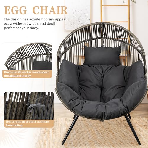 Vongrasig Outdoor Wicker Egg Chair PE Rattan Chair with Cushion, Oversized Patio Lounge Chair for Outdoor, Indoor, Balcony, Backyard, Garden, Black