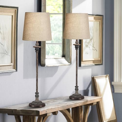 Regency Hill Bentley Traditional French Country Style Buffet Table Lamps 31.5" Tall Skinny Set of 2 Weathered Brown Ridged Linen Fabric Tapered Drum