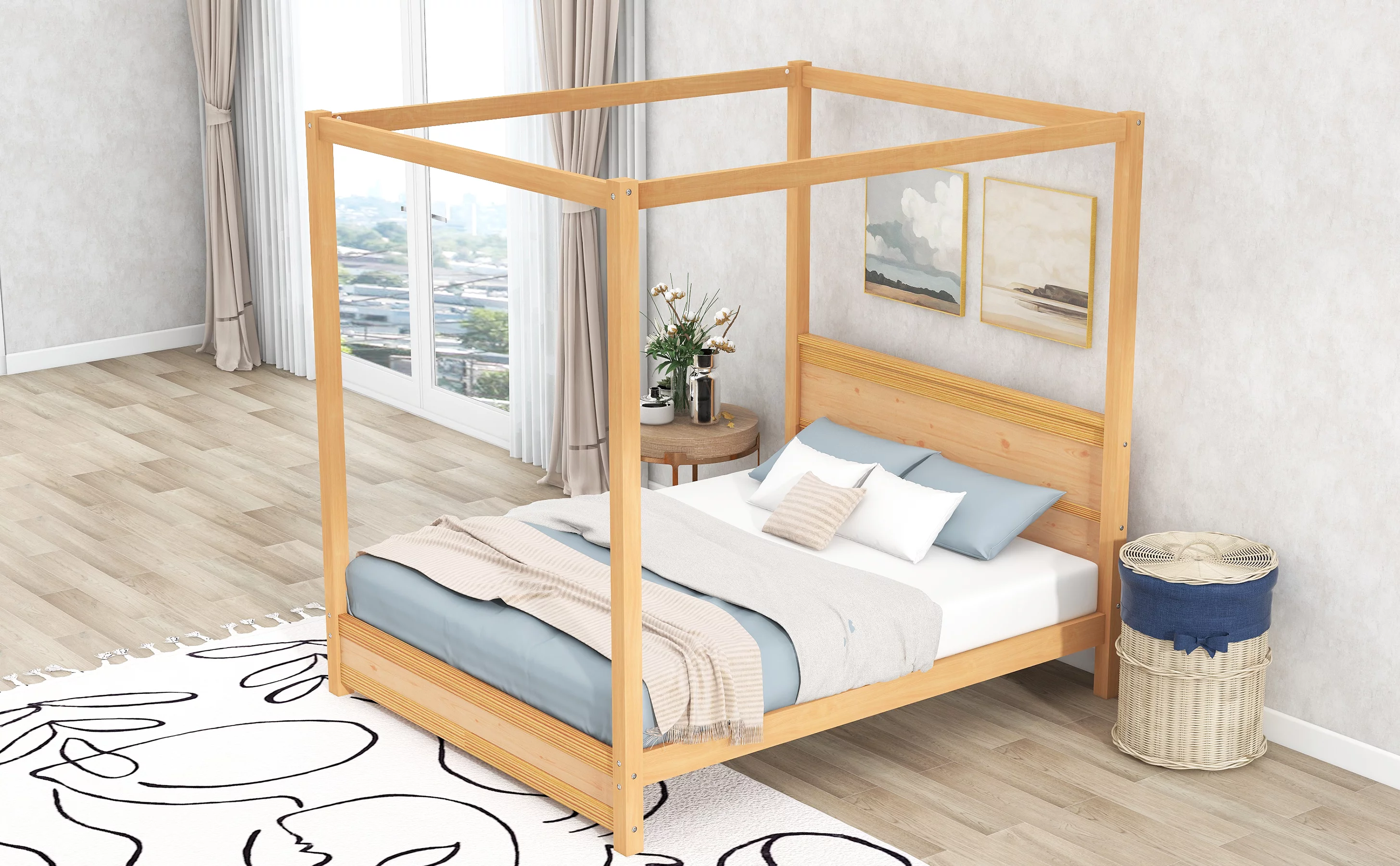 EUROCO Wood Queen Size Canopy Platform Bed with Headboard for Bedroom, Natural