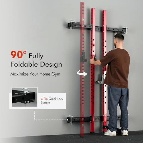 Mikolo 2" x 2" Folding Wall Mounted Squat Rack, 1000 Pounds Capacity Power Rack with Pull Up Bar, J Hooks and Other Attachments, Space-Saving Home Gym