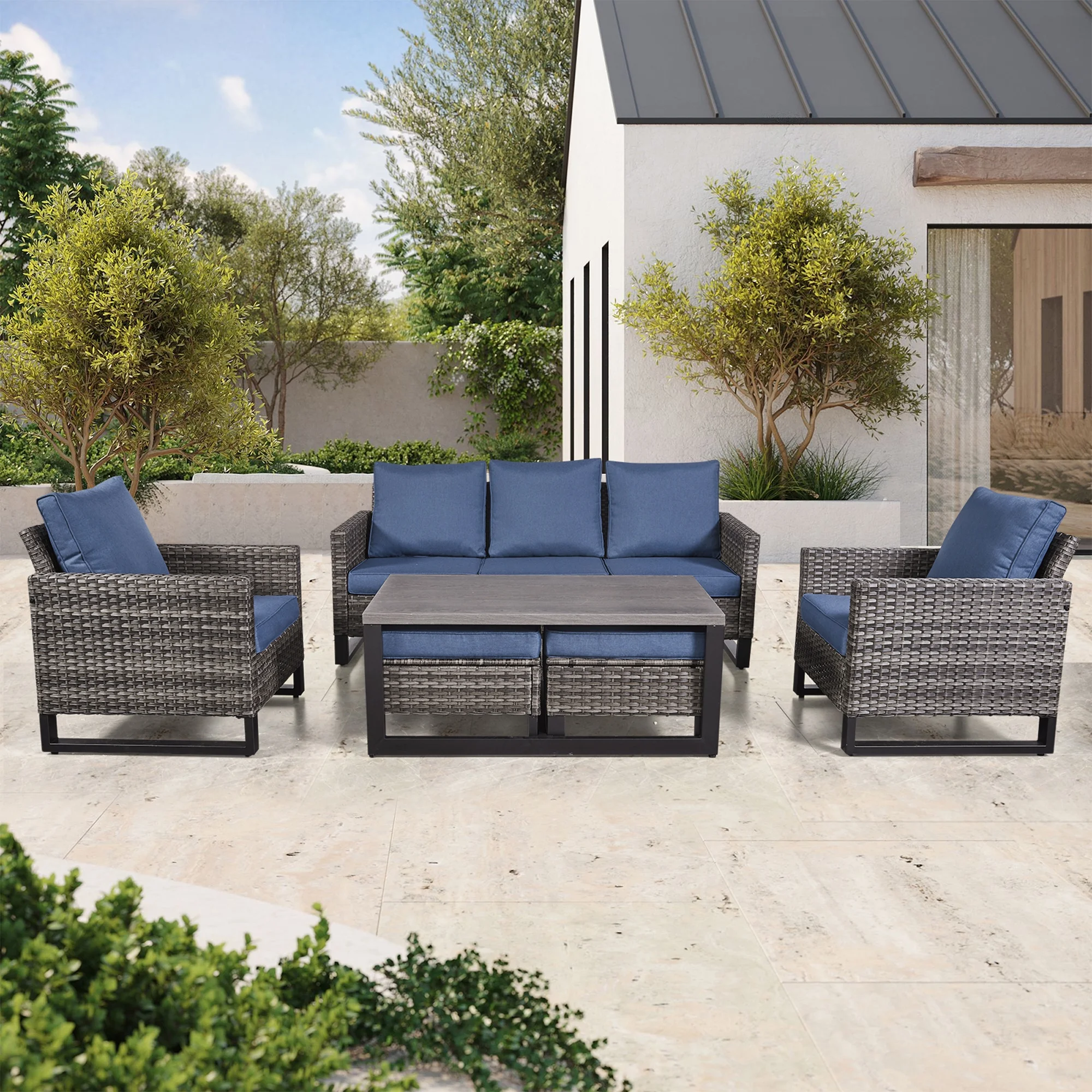 PARKWELL 6Pcs Patio Rattan Wicker Outdoor Conversation Sets 5 - Person Seating Group Patio Furniture Set, including Sofa, Chairs