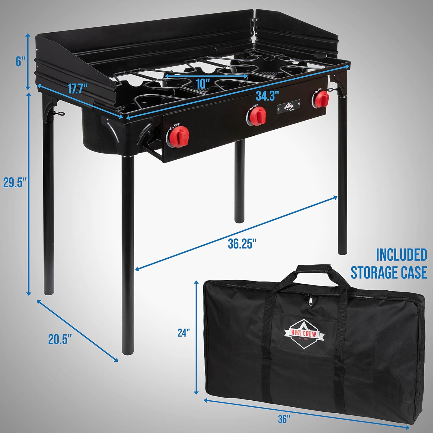 Hike Crew Cast Iron 3-Burner Outdoor Gas Stove | 225,000 BTU Portable Propane-Powered Cooktop with Removable Legs, Temperature Control Knobs