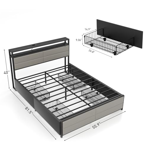 Bonzy Home Full Size Bed Frame with 4 Storage Drawers and USB Port, Platform Bed Frame with Lights, Strong Metal Slats Support, No Box Spring