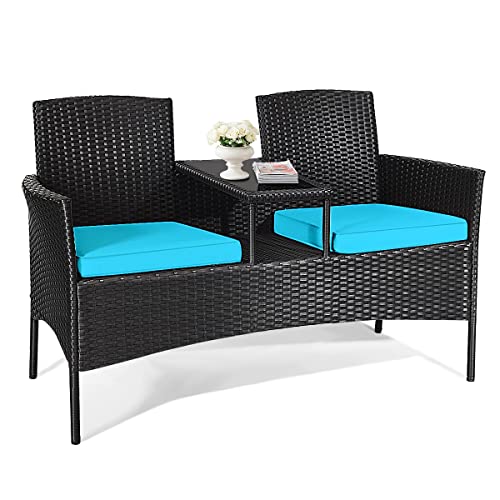 LDAILY Patio Conversation Set, Modern Rattan Loveseat, Outdoor Furniture Set with Removable Cushions & Table, Patio Wicker Sofa Set