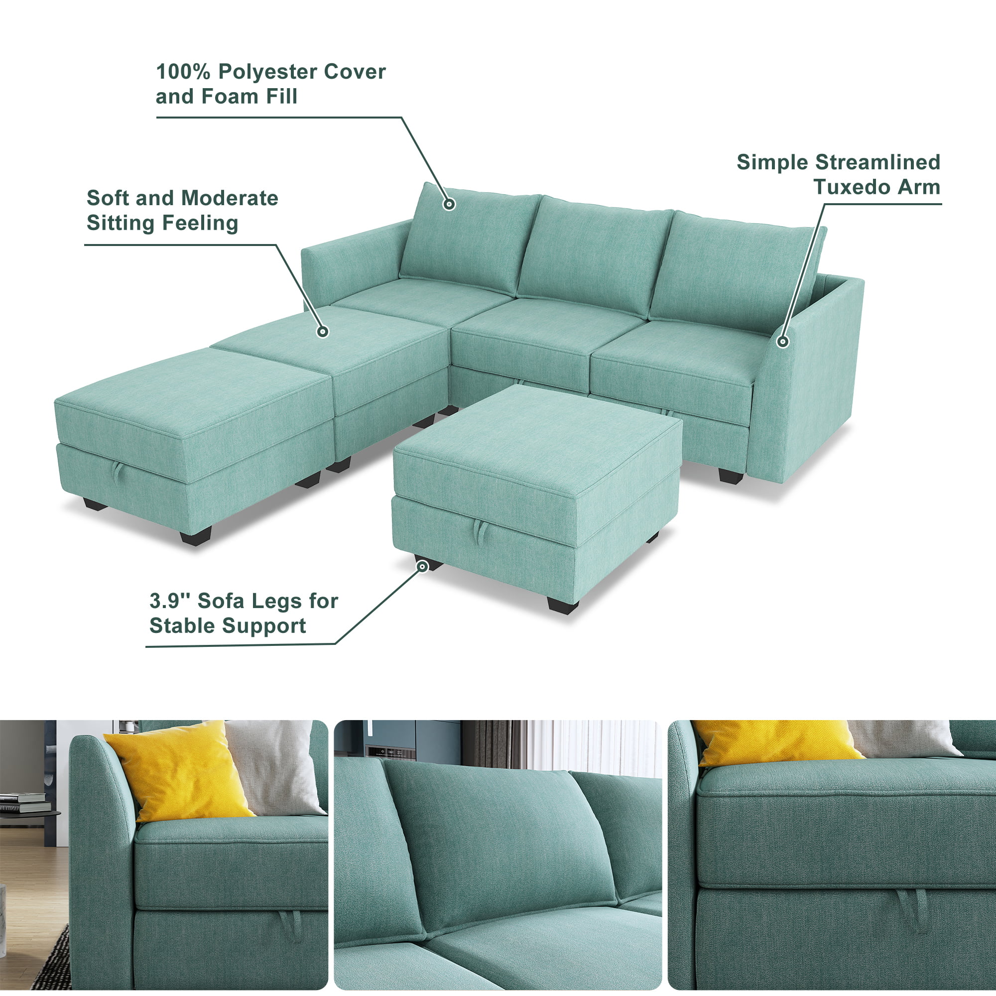HONBAY Modern Convertible 6 Pieces Fabric Sleeper Sectional Couch Sofa Bed with Storage Ottomans, Aqua Blue - Curated Treasures Market