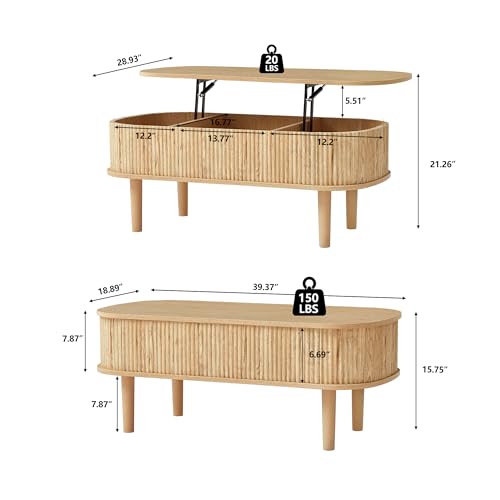 Fluted Lift Top Coffee Table with Hidden Compartment, Fully Assembled Wooden Center Table, Modern Oval Lift Tabletop for Home Living Room Office