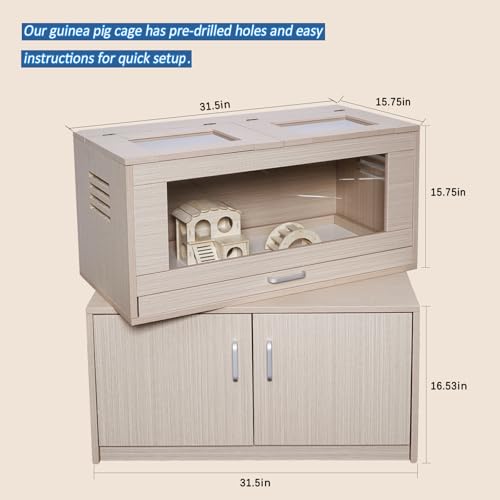 Hamster Cage with Storage Cabinet Small Animal Cage, Easy View Acrylic Panels, Large Habitat for Hedgehog Gerbil & Rat 31.5" Lx 15.75" x 32.28" (Teak)