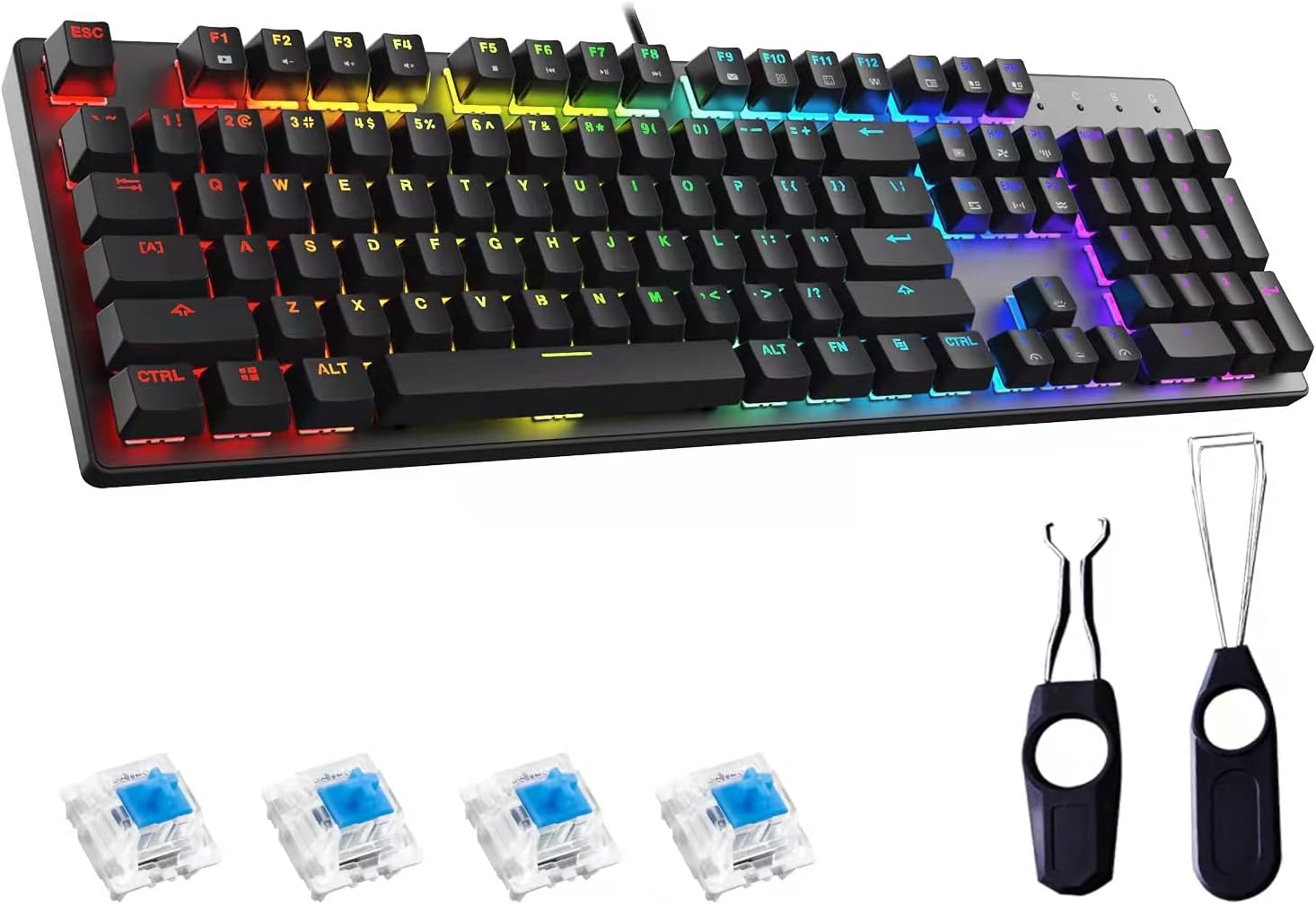 PC Gaming Keyboards RGB Backlit Mechanical Keyboard ABS keycap Programmable Macro Detachable USB Wired Keyboard for Windows PC（104 Keys Blue Switch