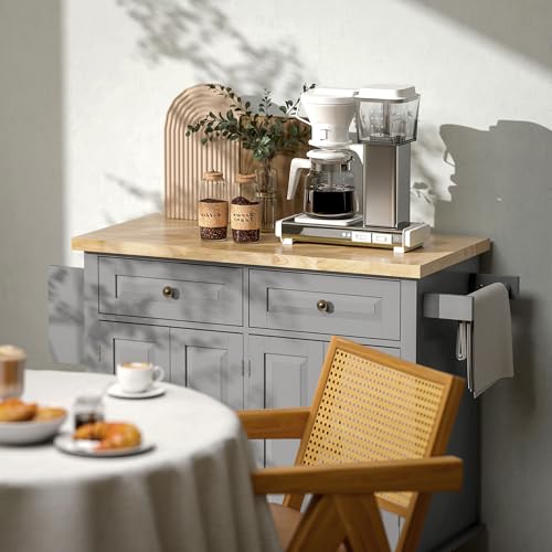 HOMCOM Kitchen Island on Wheels, Rolling Cart with Rubberwood Top, Spice Rack, Towel Rack and Drawers for Dining Room, Navy Blue