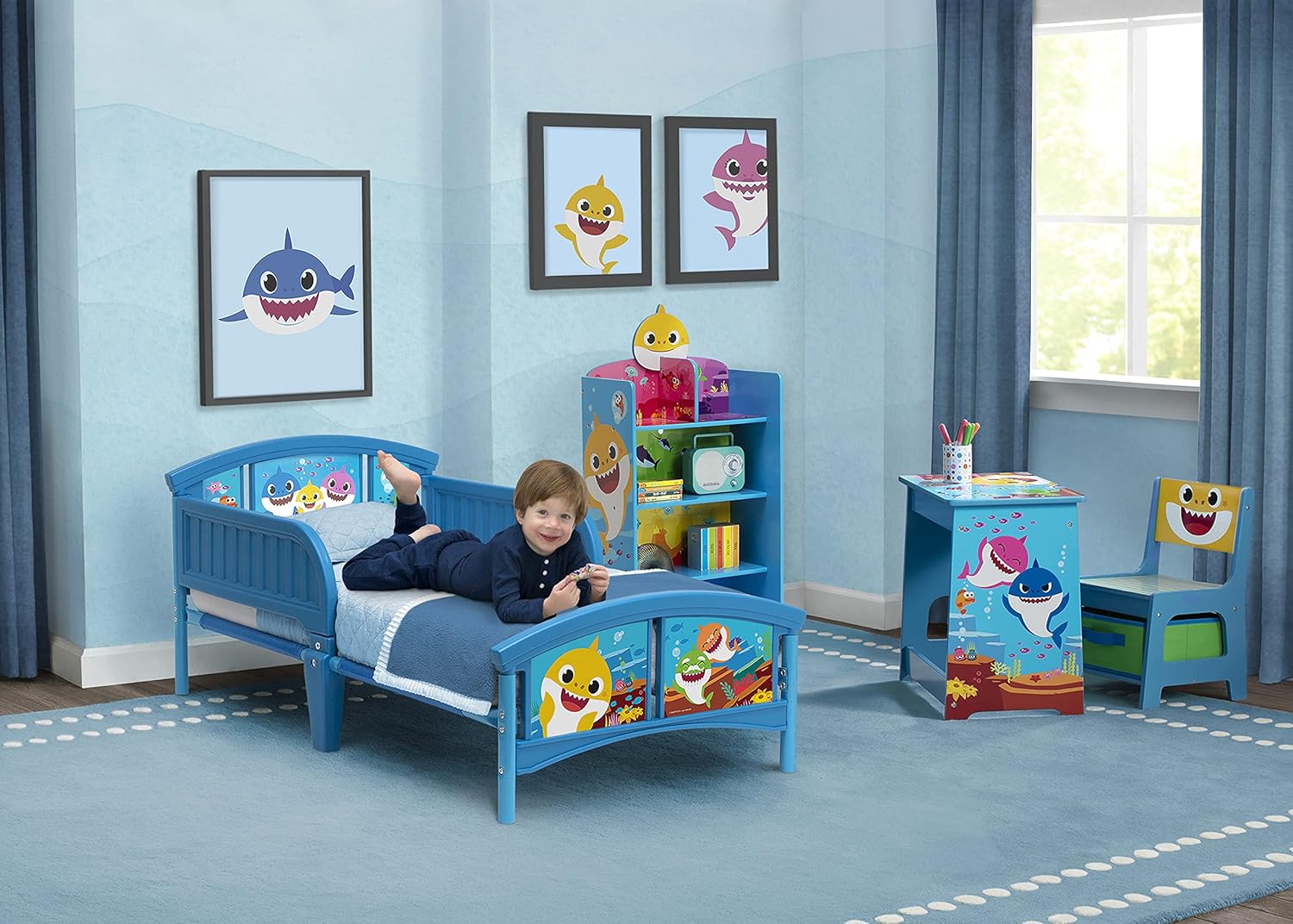 Delta Children Baby Shark Plastic Toddler Bed and Twinkle Galaxy Dual Sided Crib and Toddler Mattress Bundle