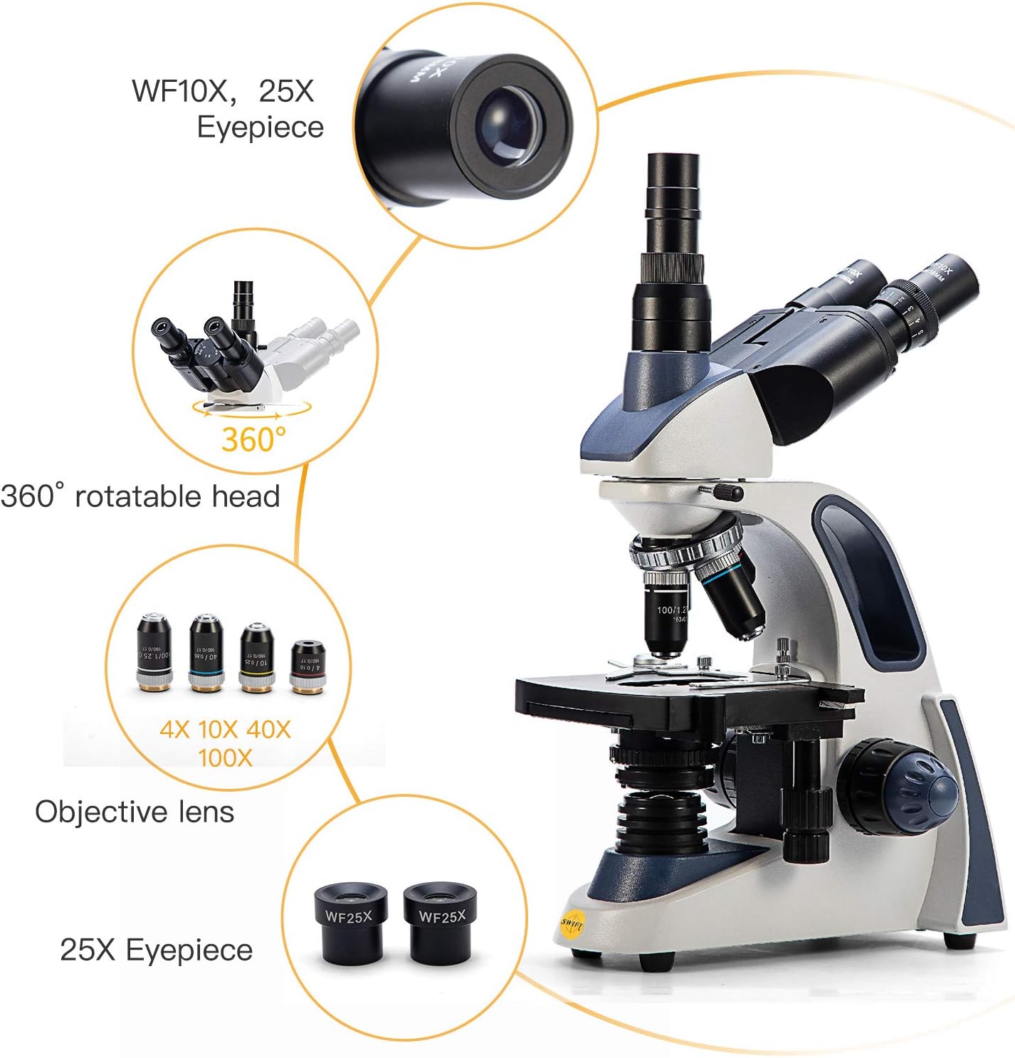 Swift Compound Trinocular Microscope SW380T,40X-2500X Magnification,Siedentopf Head,Two-Layer Mechanical Stage