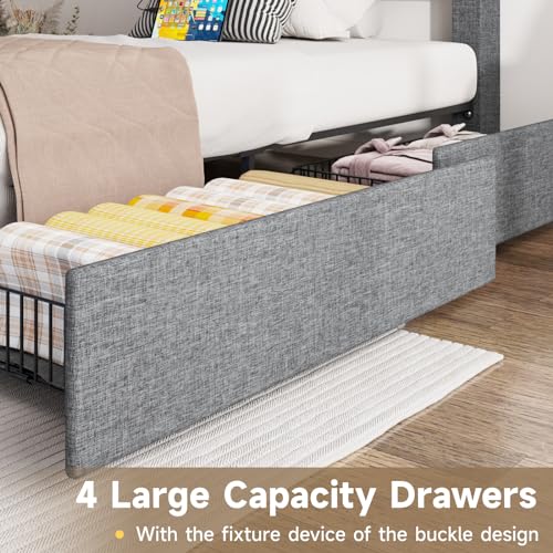 Vabches Queen Bed Frame with Storage Headboard and 4 Drawers,Upholstered Platform with Charging Station and Led Lights,Adjustable Headboard
