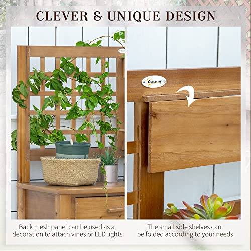 Outsunny Potting Bench Table, Garden Work Bench, Outdoor Wooden Workstation with Tiers of Shelves and Drawer for Patio, Courtyards, Balcony, Brown