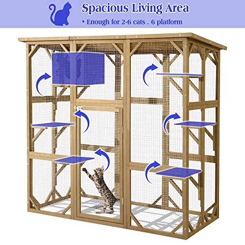 ROOMTEC 70 Inch Large Wooden Catio Outdoor & Indoor Cat Enclosure, Luxury Pet-House with Resting Box & 6 Jumping Platforms