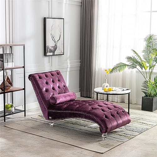 Velvet Chaise Sofa with Lumbar Pillow, Modern Ergonomic Upholstered Concubine Sofa Chair, Comfy Button-Tufted Sleeper Recliner Sofa for Living Room