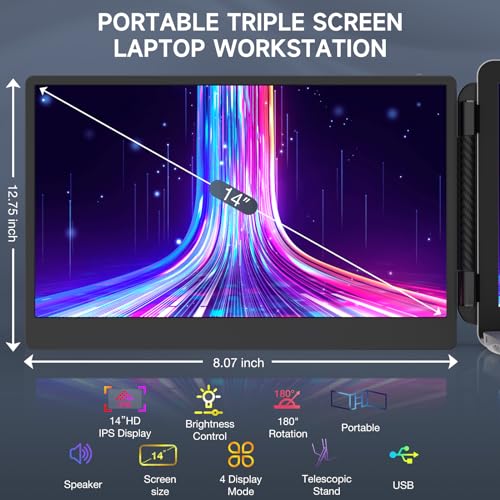 Laptop Screen Extender, 14''Portable Laptop Monitor, 1080P FHD IPS Monitor Extender, Plug and Play No Driver, for 13”-17.3” Laptop