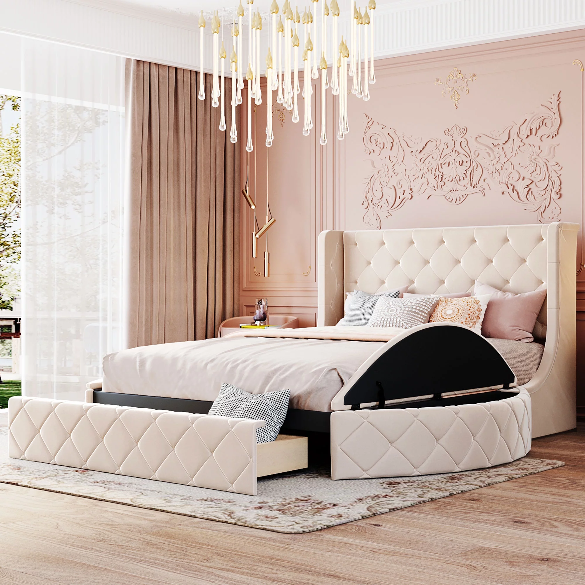 Churanty Queen Upholstered Storage Velvet Platform Bed with Wingback Headboard,Storage Platform Bed Frame with Drawer and 2Side Storage Stool,Beige