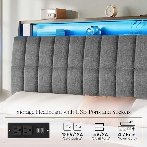 YITAHOME Queen Size Bed Frame with RGB LED Lights and 4 Drawers, Upholstered Platform Bed with Charging Station and Storage Headboard