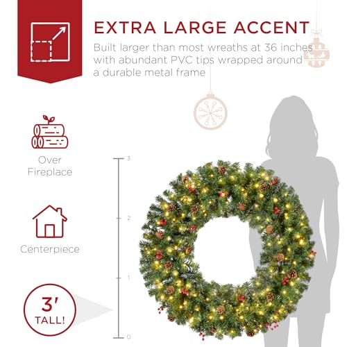 Best Choice Products 60in Large Artificial Pre-Lit Fir Christmas Wreath Holiday Accent Decoration w/ 300 LED Lights, 930 PVC Tips