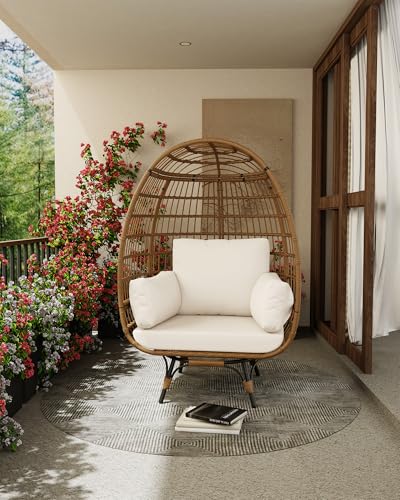 Oversize 360°Swivel Egg Chair Patio Rotating Rattan Egg Basket Lounge Chair, Wicker Egg-Shaped Chair w/Steel Frame Stand and 4 Cushions for Patio