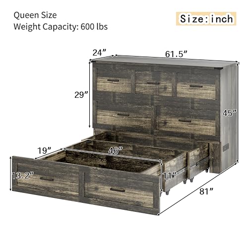Queen Size Murphy Bed Cabinet with Charging Station, Farmhouse Murphy Bed with Large Storage Drawer, Foldable Wall Beds for Home Office, Small Room