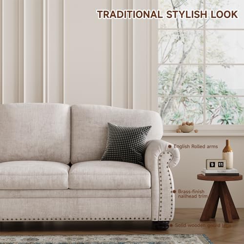 90 Inch Nailhead Trim Couch for Living Room, 23 Inch Deep Seat Rolled Arm Sofa, Comfy Upholstered 3 Seater Chenille Couch w/Wooden Leg