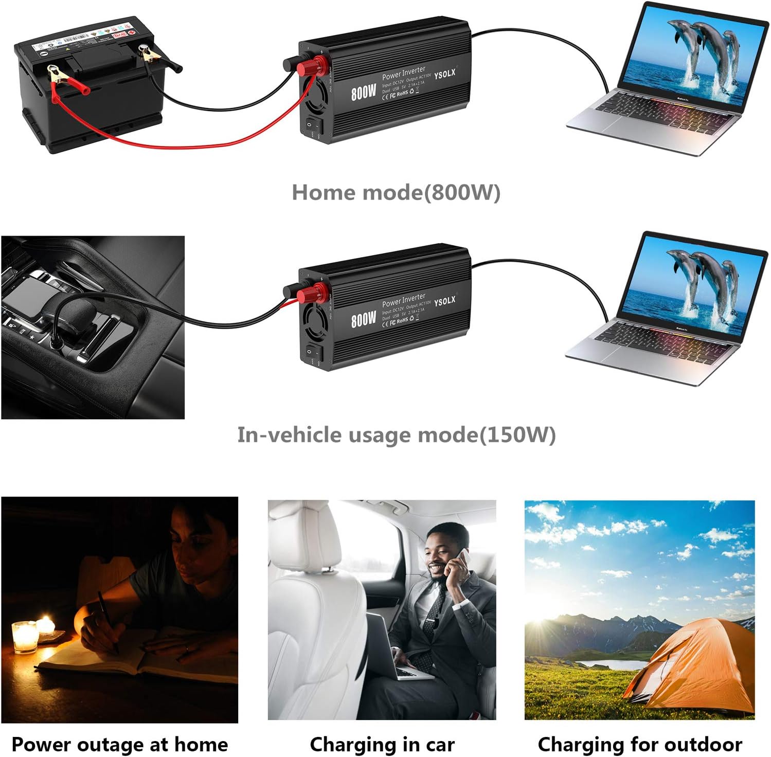 800W Power Inverter DC 12V to 110V AC Converter Car Plug Adapter Outlet Charger for Laptop Computer