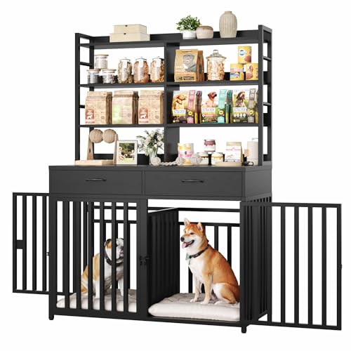 Keyluv 71''H x 47.2''W Large Dog Crate Furniture with 4-Tier Shelves and 2 Storage Drawers, Heavy Duty Dog Cage Furniture with 2 Doors