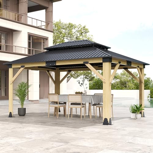 12'x12' Hardtop Gazebo, Outdoor Double Roof Galvanized Steel Gazebos, Aluminum Frame Permanent Pavilion with Curtains & Netting for Backyard, Patio
