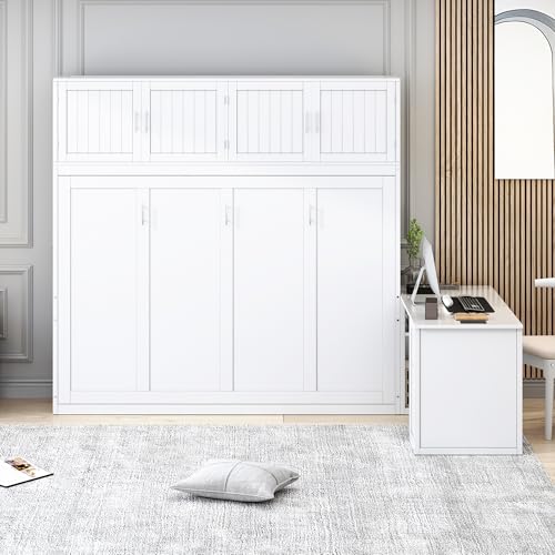 Harper & Bright Designs Twin Size Murphy Bed, Wooden Twin Wall Bed Frame with Closet, Drawers & Desk, White