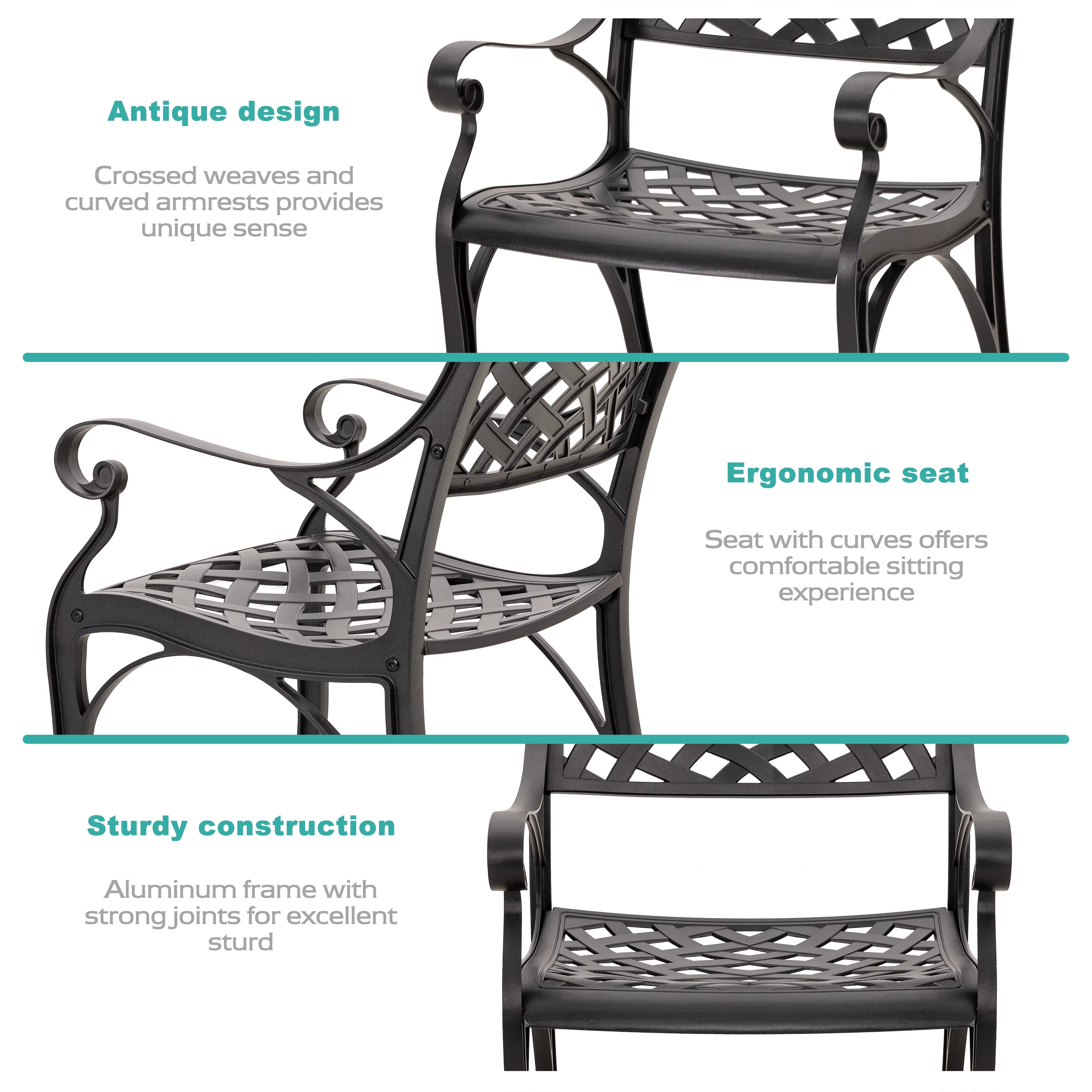 Nuu Garden 3 Piece Aluminum Patio Bistro Set with Umbrella Hole, All-Weather Rust-Resistant Outdoor Patio Bistro Furniture Set,Black