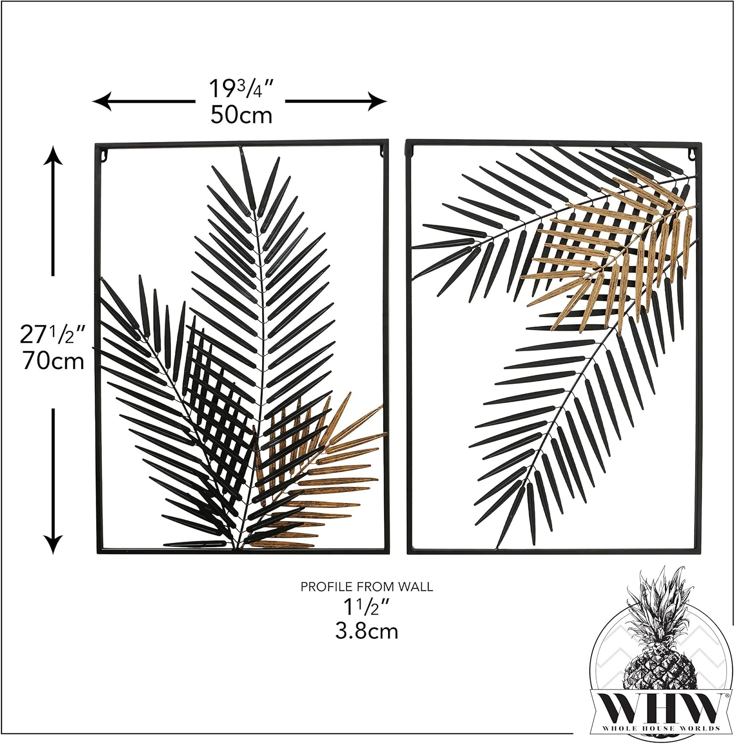 WHW Whole House Worlds Tropical Jungle Leaf Framed Composition Panels, Set of 2, Gold Gilt, Abstract Wall Art, Black Framed