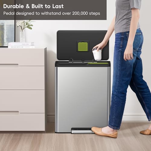 EKO EcoCasa II 36L+24L Dual Trash Can with Recycle Bin, Stainless Steel Garbage Can with Lid, Deodorizer Compartment