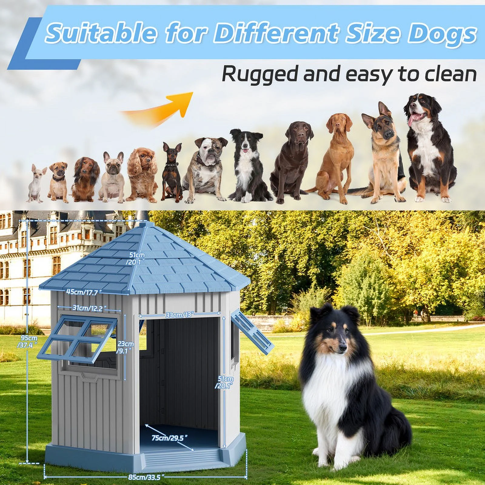 Bifanuo Durable Dog House, Indoor Outdoor Wateproof Doghouse, Pet Plastic Dog Kennel for Small Medium Dogs,Blue, 36.6"L*29.5"W*37.4"H