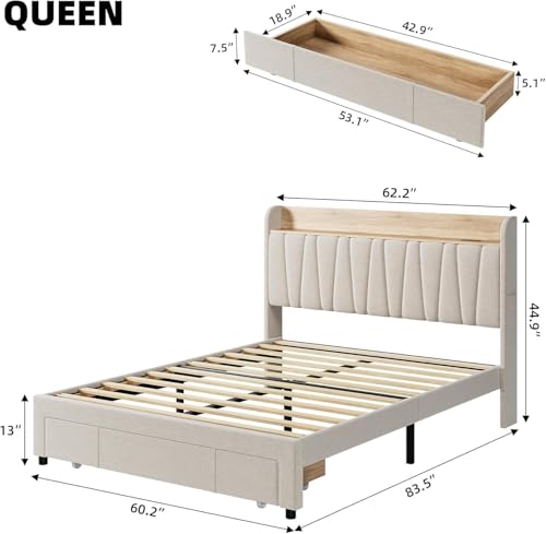 IDEALHOUSE Queen Size Bed Frame with Storage Headboard, Upholstered Platform Beds with Drawers, Charging Station, Noise-Free, No Box Spring Needed