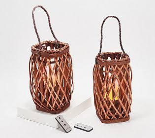 ShWk9/13 Barbara King S/2 12x22 Sq Wicker Lantern w/ Tiki Flame ,Caramel
