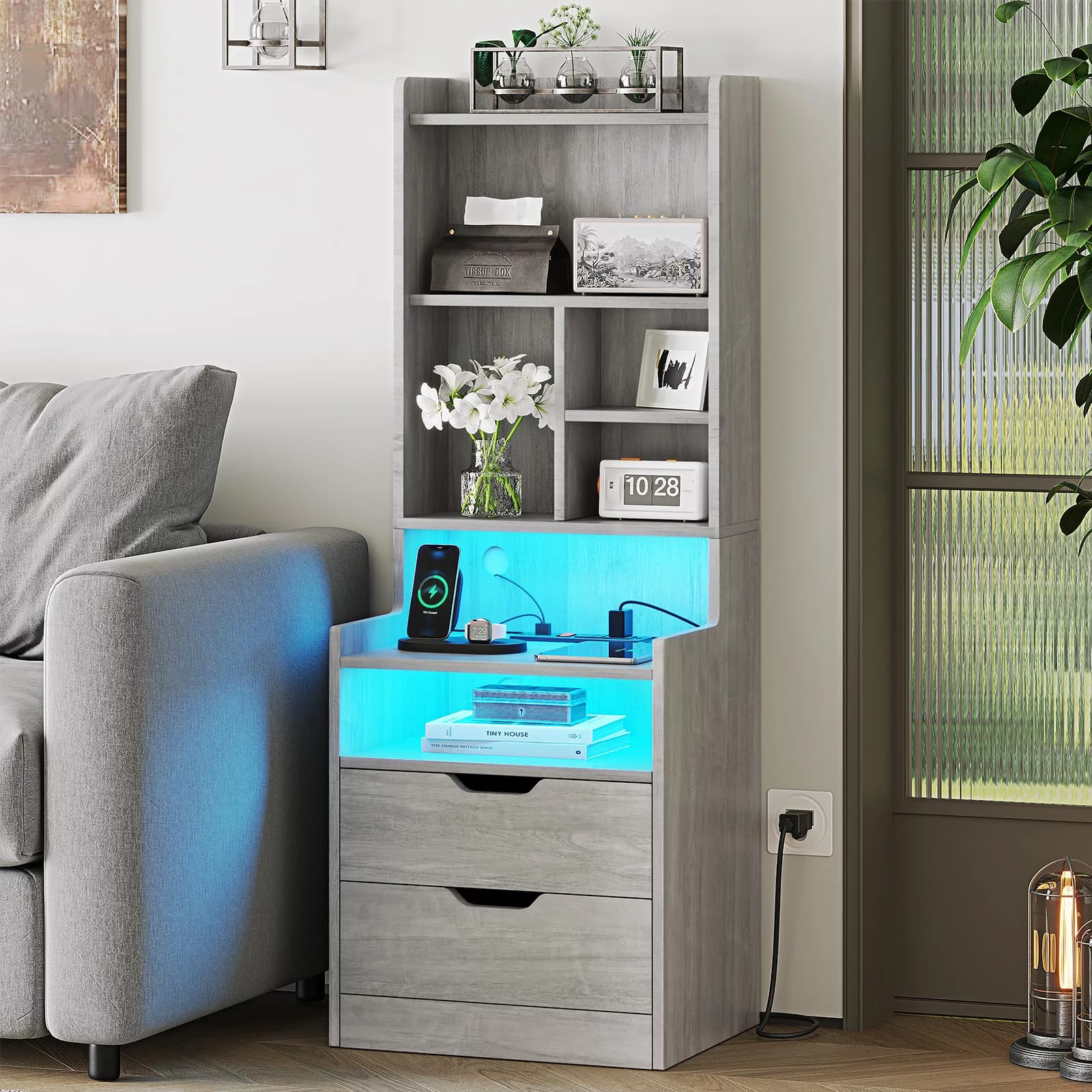Set of 2 LED Nightstand with Charging Station for Bedroom, Gray Night Stand End Side Table with 2 Drawers&LED Lights for Living Room