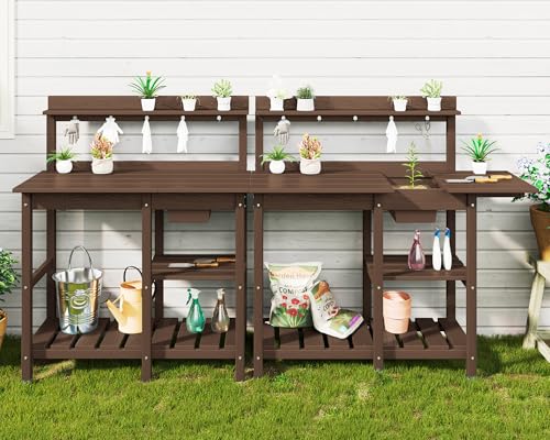 SERWALL Potting Bench Outdoor Potting Table with Sink, HDPE Potting Benches for Outside Gardening Table All Weather Use- Black