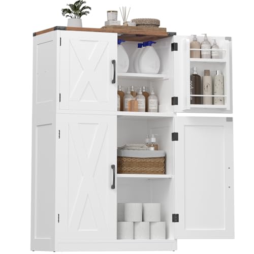 HOOBRO Bathroom Storage Cabinet, Farmhouse Freestanding Floor Cabinet with 2 Extra Hidden Storage Doors, Adjustable Shelves, Large Capacity