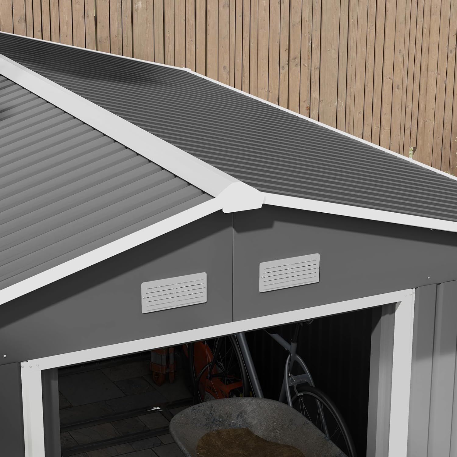 Outsunny 11' x 9' Outdoor Storage Shed, Garden Tool House with Foundation Kit, 4 Vents and 2 Easy Sliding Doors for Backyard, Patio, Garage, Lawn
