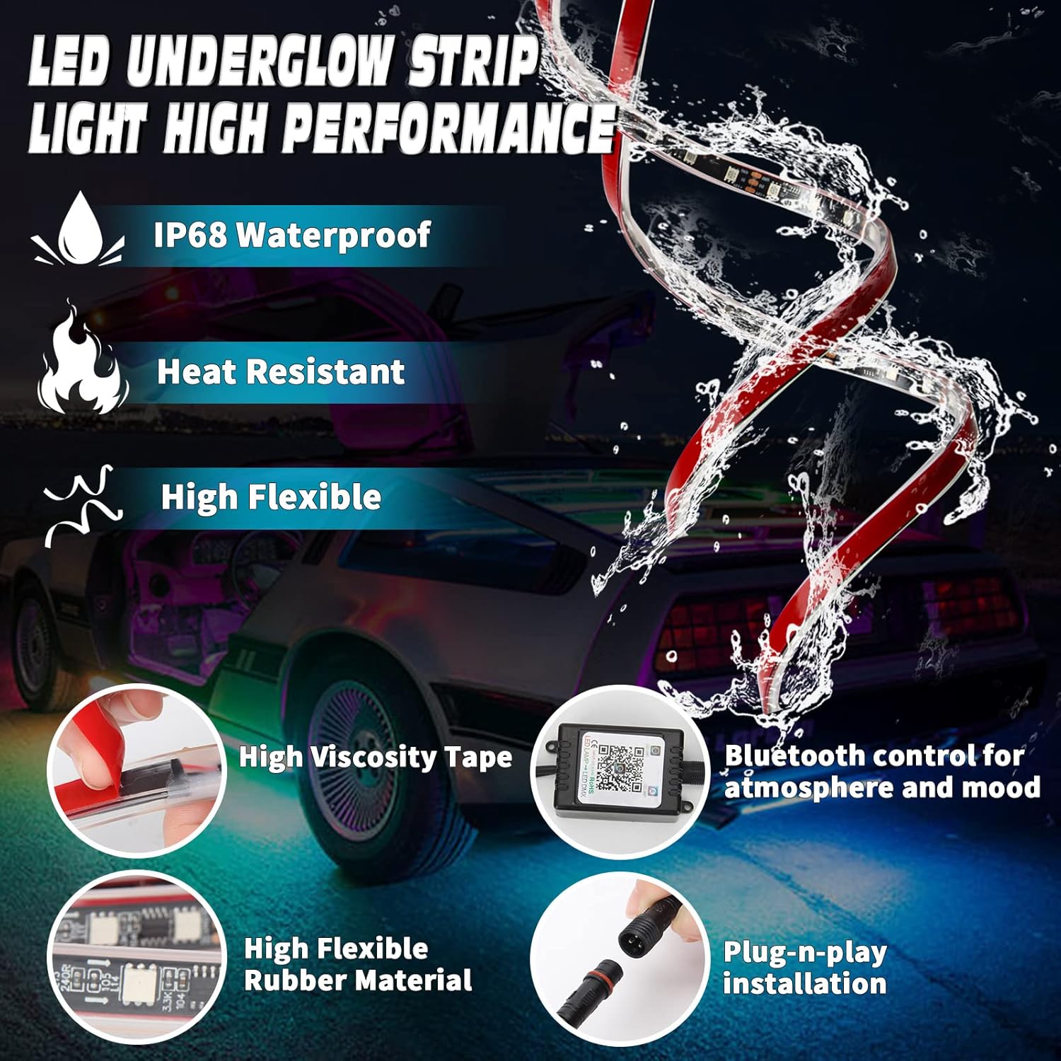 OPPBUY Car Underglow Lights,6PCS Dimmable RGB Underbody Exterior Car Strip Lights with APP Control,16 Million DIY Colors,210 Chasing Color,Music Mode