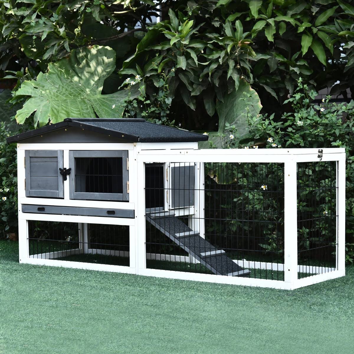 PawHut Solid Wood Rabbit Hutch with 2 House Levels and Patio Space Metal Cage Wire and Easy Clean Tray