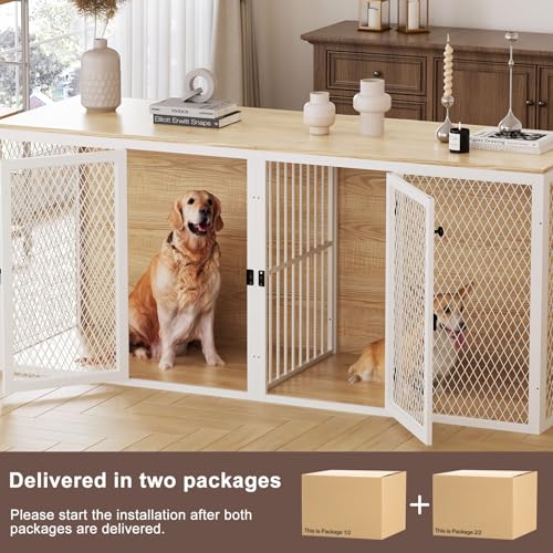 Dog Kennel Furniture for 2 Dogs, Double Dog Cage for Small Medium Dogs, Indoor Dog Crate with Divider and Double Doors, 71.6"* 22.4"* 31.9"H