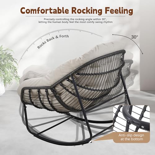 Outdoor Indoor Rocking Chair, Patio Wicker Egg Chair, Indoor & Outdoor Comfy Oversized Papasan Chair with Padded Cushion