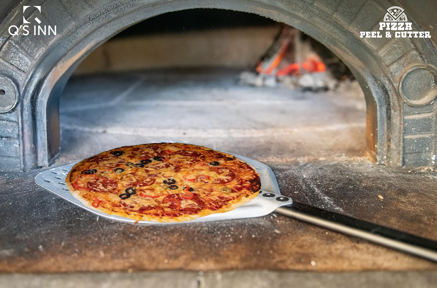 Perforated Pizza Peel 12x14 Inch from Anodized Aluminum Pizza Paddle and Pizza Tuning Peel. The perfect set for your Home Made Pizza by Q's INN. Pack