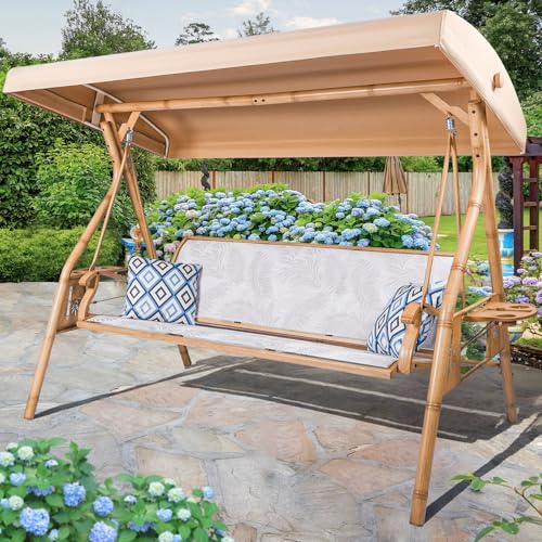 3 Person Patio Swing Outdoor Swing for Adults with Adjustable Canopy &Upgraded Cup Holders Textilene Fabric Porch Swing Chair with Stand Heavy Duty