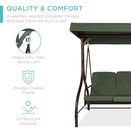Best Choice Products 3-Seat Outdoor Large Converting Canopy Swing Glider, Patio Hammock Lounge Chair for Porch, Backyard w/Flatbed, Adjustable Shade