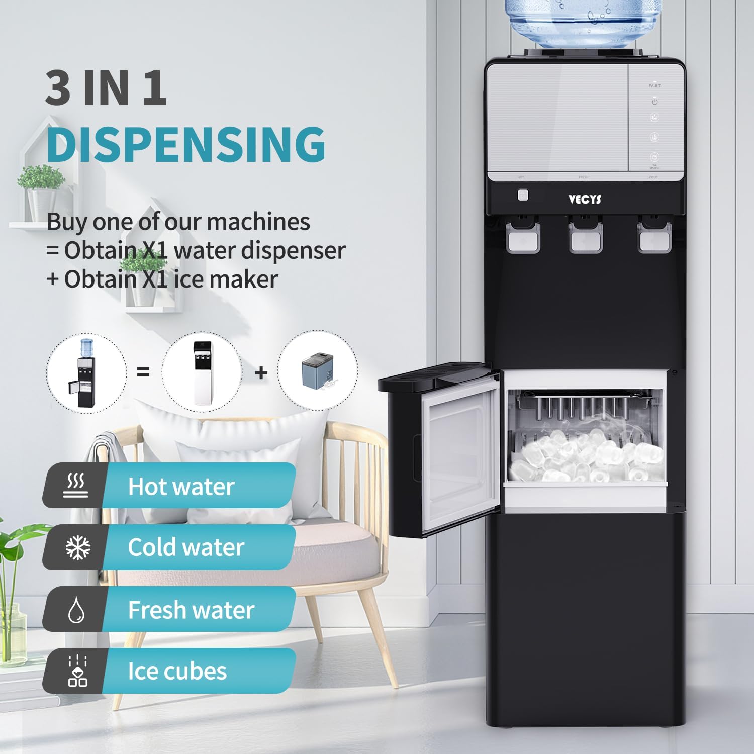 3 in 1 Water Dispenser with Ice Maker, 27LBS Daily Ice Making and Hot Cold Water Supply, Child Safety Lock and Compatible with 3 or 5 Gallon Bottles