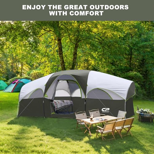 CAMPROS CP Tent 8 Person Camping Tents, Weather Resistant Family Tent, 5 Large Mesh Windows, Double Layer, Divided Curtain for Separated Room